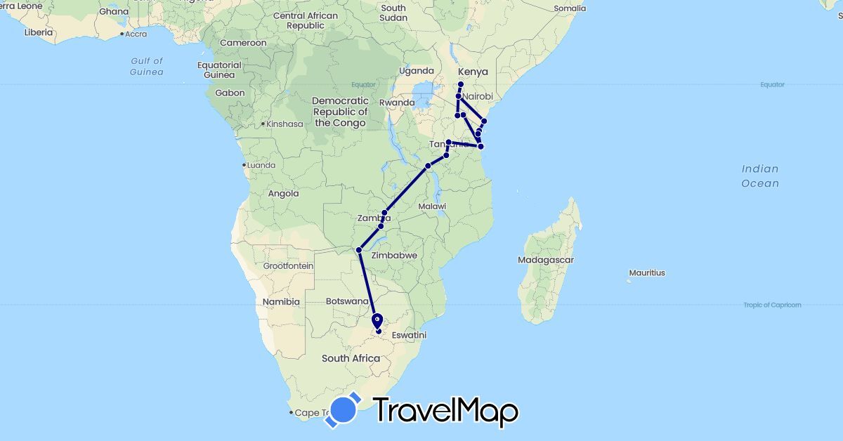 TravelMap itinerary: driving in Kenya, Tanzania, South Africa, Zambia (Africa)